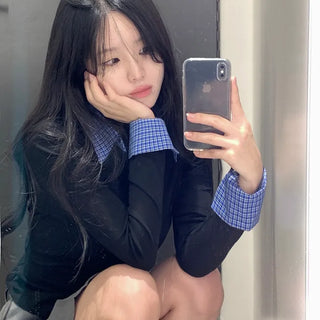 One-piece Check Collar Shirred Slit Shirt T-shirt