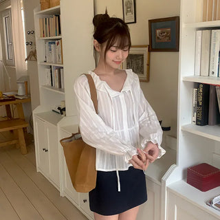 Spring Rain Lace Blouse Ribbon Blouse/Frill Blouse/Cotton Blouse/Wedding Guest Look/ Daily