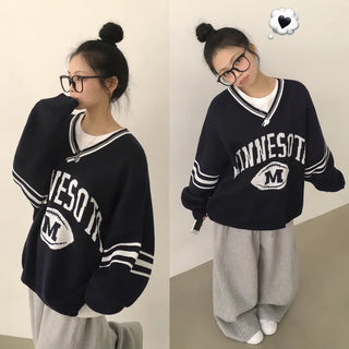Sporty Color Block V-Neck Rugby Ball Lettering Super Boxy Long Sleeve Knit Full of Protective Instincts