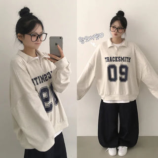 Effortless Chic, Half-Zip Anorak Collar Number Lettering Super Boxy Sweatshirt