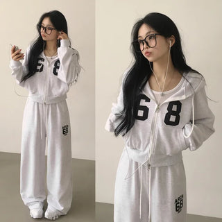 Two-way Number Lettering Semi-Crop Zip-up Hoodie + Elastic Wide Track Pants Two-Piece Set