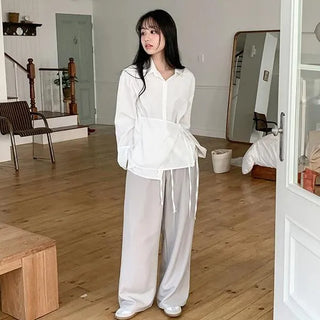 Flowy Fold Ribbon Wrap Shirt Layered Inner String Rayon Shirt