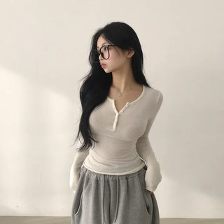 Figure-Shaping, Chewy Mochi Stretch Spandex U-Neck Button Slim Fit Long Sleeve T-Shirt