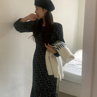 Juve Flower Square Neck Back Ribbon Long Dress