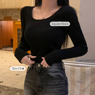 Liz Square Neck Long Sleeve Plain T-shirt
