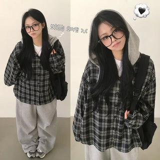 Protective Instinct Oversized Fit, Oversized Check Hooded Long Sleeve Shirt