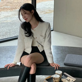 Eyelet Wool Collarless Boucle Pearl Tweed Jacket