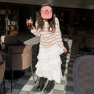 Eyelet Lay Ruffle Lace Long Skirt A-line Layered Flare Elastic Waist Diagonal Frill Skirt
