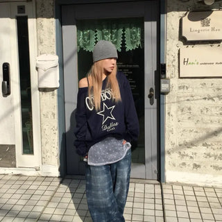 checkered denim wide pants