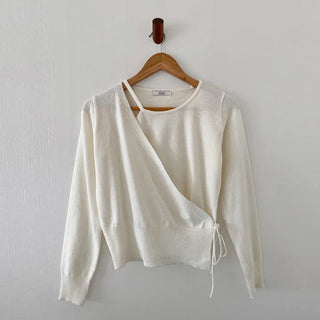 Layered Wrap Knit   Long Sleeve Knit Shoulder Cutout Thin Knit Slit Knit