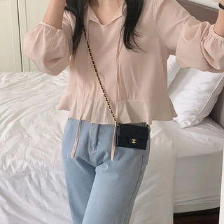 Spring Ribbon Tie Strap Puff Blouse  Date Look Blind Date Look