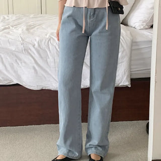 High-waisted Light Wash Straight Wide Denim Pants