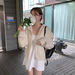 Ricky Hooded Balloon Knit Cardigan Oversized Button Loose Fit V-Neck Knitted Sweater