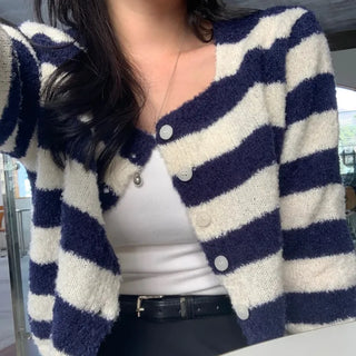 Nepolle Striped Round Neck Knit Cardigan