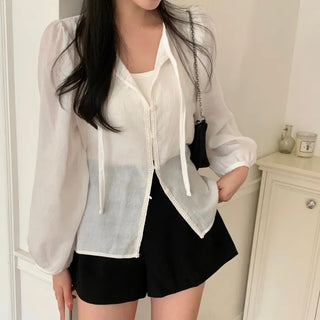 Arbel Lace Puff Strap Tie Blouse