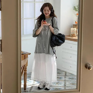 Days Frill Embroidered Long Skirt Lace Punching Elastic Waist Innocent Skirt