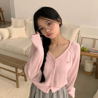 Lovely mood, V-neck raglan pendant semi-cropped knit cardigan