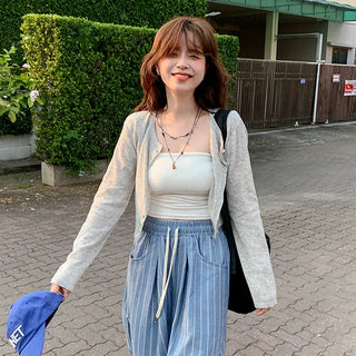 Pocan Linen Round Cropped Cardigan Knit Button Ribbed Casual Daily Look