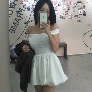 Square Neck Off-Shoulder Ribbed Balloon Mini Sleeveless Dress