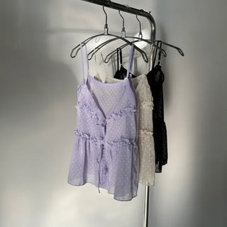 Dot See-through Ruffle Shirred Bustier Layered Sleeveless