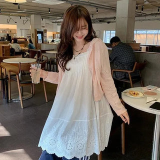 Naru Punching Hooded Wavy Cardigan Knit Long Sleeve Lace Ribbon Zip-up