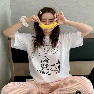 Puppy Casual Printed Short Sleeve T-shirt Loose Fit English Lettering Character