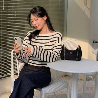 Meliver Striped Boat Neck Loose Fit Crop Knit