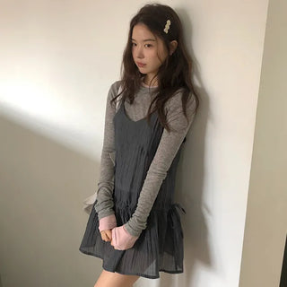 Shus Layered Blouse Dress Adjustable Straps/Sleeveless Dress/String Dress/Pleated Dress/Layered Dress