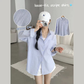 Cool material for midsummer~ Seersucker Oversized Striped Long Sleeve Shirt