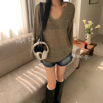 [Delicate~] Damaged Vintage Spring/Summer See-through Long Sleeve Knit