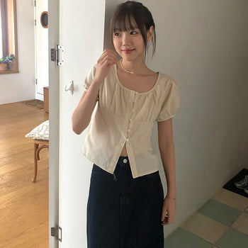 Moco Shirred Short Sleeve Blouse Shirred Blouse/Square Neck/Square Blouse/Button Blouse/Summer Blouse/U-Neck Blouse/Puff Blouse/Shirred Short Sleeve/Summer Short Sleeve