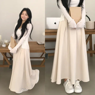 Feminine silhouette, back elastic pintuck flare long skirt