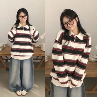 Lovely Color-Pointed, Contrast Striped Button Collar Loose Fit Long Sleeve Knit