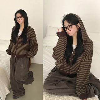 Protective Instinct Avant-garde Fit, Striped Two-Way Loose Fit Hooded Zip-up Knit Cardigan