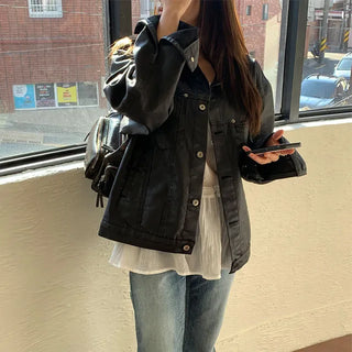 Leather Carbon Trucker Oversized Jacket 1 color
