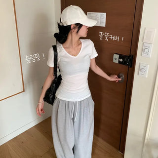 [Body Correction] Everyday Basic Side Shirred Inner V-Neck Short Sleeve T-Shirt