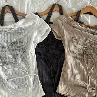 Greek Vintage Print Halter Off-Shoulder Shirred T-Shirt String Layered Halter Neck Short Sleeve Tee