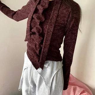 Shirred Heathered Knit Ruffle Long Sleeve Scarf Cardigan