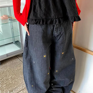 Brilliant Star Embroidered Black Denim Balloon Wide Pants