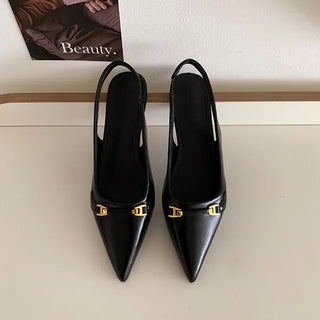 ◈ Stiletto Slingback Heel Flat Gold Hardware Pointed Toe Black Low Heel Wedding Guest Sandals