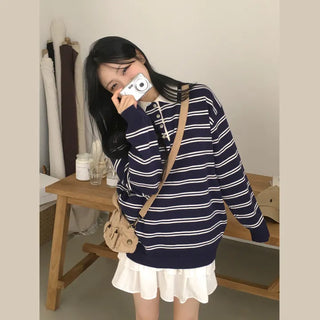 Protective Instinct Oversized Loose Fit Long Sleeve Knit with Striped Contrast Collar and Buttons