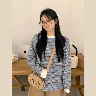 Color Block Point! Striped Color Block Loose Fit Long Sleeve Sweatshirt