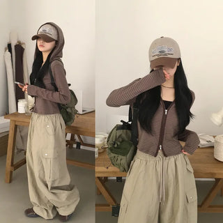 Effortless Chic, Striped Two-Way Semi-Crop Delicate Fit Zip-Up Hoodie
