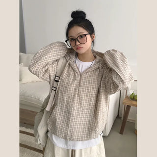 Lovely Mood, Check Anorak Half-Zip Drawstring Oversized Shirt Hoodie