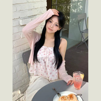 Delicate~ Floral Small Flower Shirred Chiffon Ribbon Flare Adjustable Strap Bustier Sleeveless Blouse + Delicate Fit Open Long Sleeve Cardigan Layered Two-Piece Set