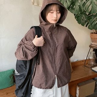 Henit Small Check Two-Way String Crop Zip-Up Hoodie
