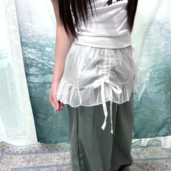 EN Shirred Lace Skirt Pants  Layered Lovely Lace See-through Shirred Skirt Pants Skirt Pants Crinkly Nylon Cargo Summer Pants Transitional Season Spring Clothes Wide Pants Elastic Waist Pants
