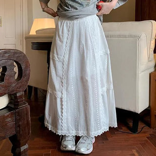 Pale tiered petal lace long skirt date look embroidered frill flower skirt