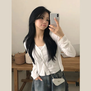 Slimming, Slimming Item Flowy V-Neck Plain Semi-Crop Long Sleeve Cardigan
