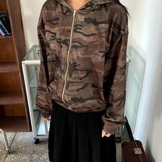Oversized Camo Military Zip-up Hoodie